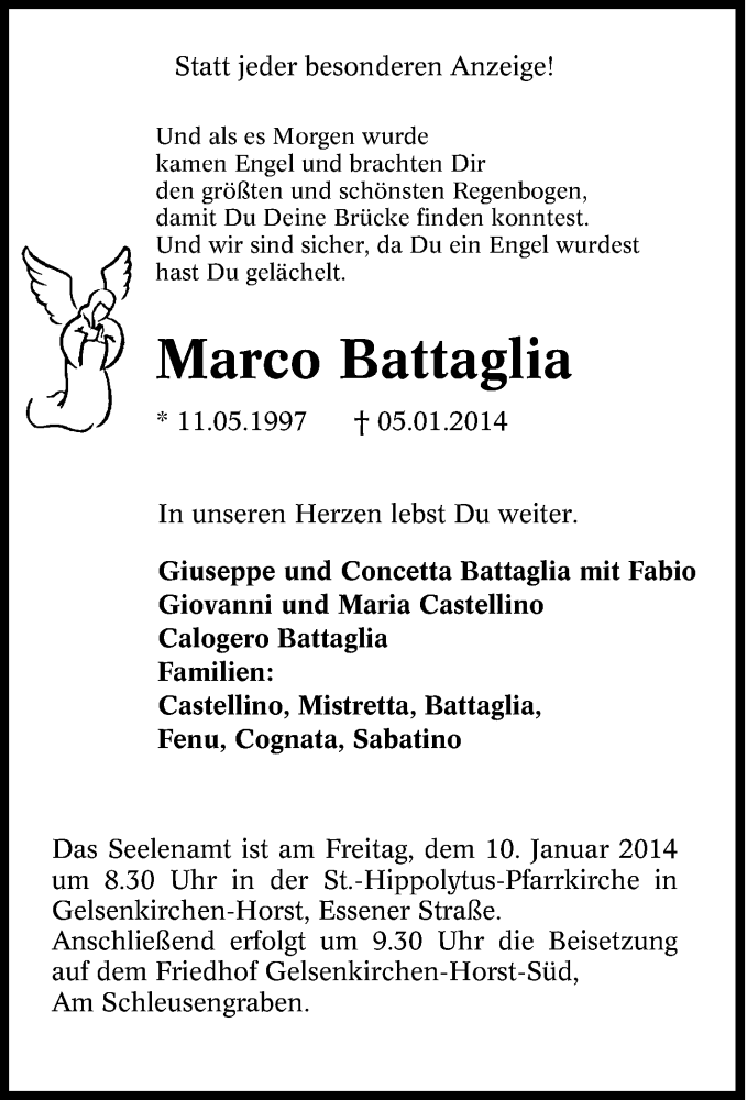  Traueranzeige für Marco Battaglia vom 08.01.2014 aus Tageszeitung