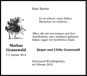 Traueranzeige von Markus Grunewald von Tageszeitung