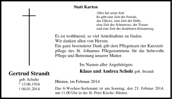 Traueranzeige von Gertrud Strandt von Tageszeitung