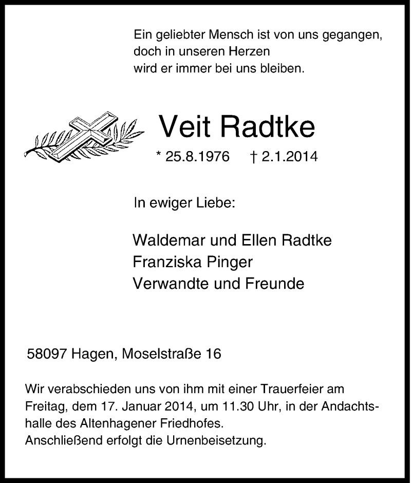  Traueranzeige für Veit Radtke vom 08.01.2014 aus Tageszeitung