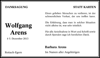 Traueranzeige von Wolfgang Arens von Tageszeitung