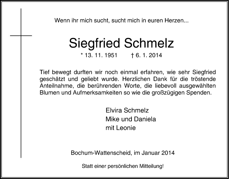  Traueranzeige für Siegfried Schmelz vom 28.01.2014 aus Tageszeitung