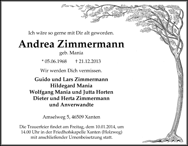  Traueranzeige für Andrea Zimmermann vom 08.01.2014 aus Tageszeitung