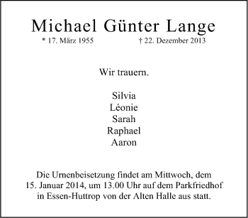 Traueranzeige von Michael Günter Lange von Tageszeitung
