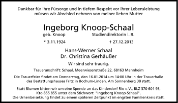 Traueranzeige von Ingeborg Knoop-Schaal von Tageszeitung