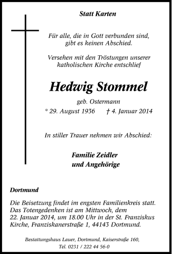 Traueranzeige von Hedwig Stommel von Tageszeitung