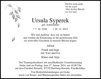 Traueranzeige von Ursula Syperek von Tageszeitung