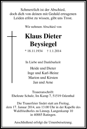 Traueranzeige von Klaus Dieter Beysiegel von Tageszeitung