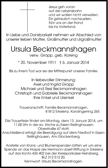 Traueranzeige von Ursula Beckmannshagen von Tageszeitung