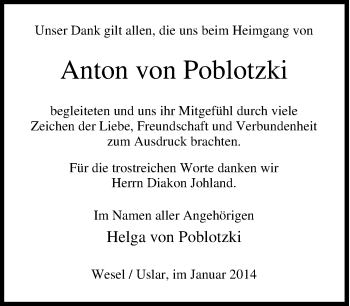 Traueranzeige von Anton von Poblotzki von Tageszeitung