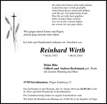 Traueranzeige von Reinhard Wirth von Tageszeitung