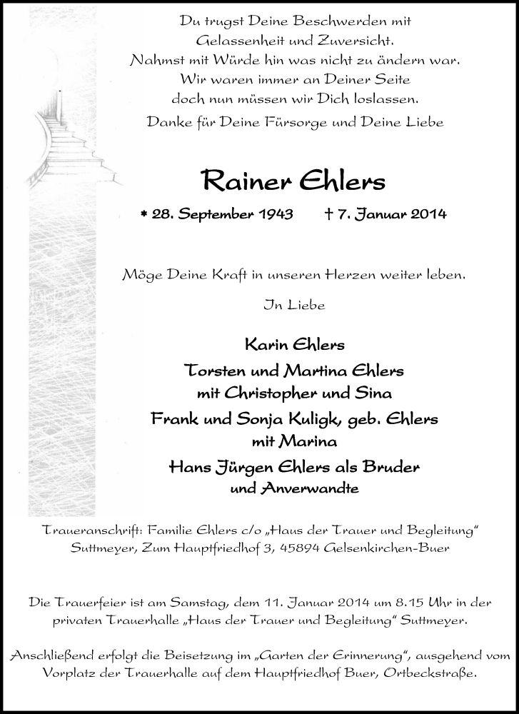  Traueranzeige für Rainer Ehlers vom 09.01.2014 aus Tageszeitung