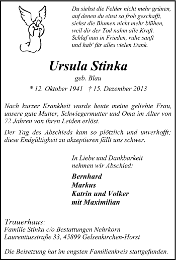 Traueranzeige von Ursula Stinka von Tageszeitung