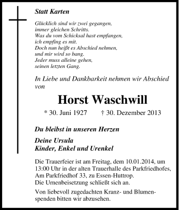 Traueranzeige von Horst Waschwill von Tageszeitung