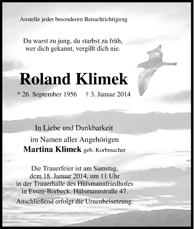  Traueranzeige für Roland Klimek vom 11.01.2014 aus Tageszeitung