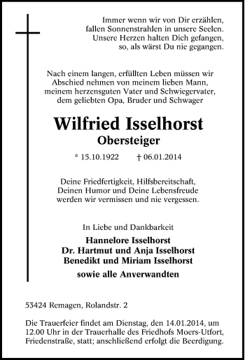 Traueranzeige von Wilfried Isselhorst von Tageszeitung