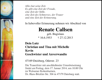 Traueranzeige von Renate Callsen von Tageszeitung