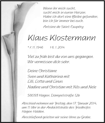 Traueranzeige von Klaus Klostermann von Tageszeitung