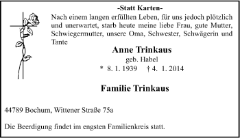 Traueranzeige von Anne Trinkaus von Tageszeitung