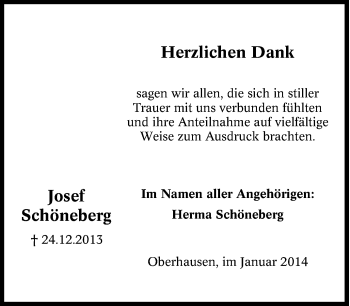 Traueranzeige von Josef Schöneberg von Tageszeitung
