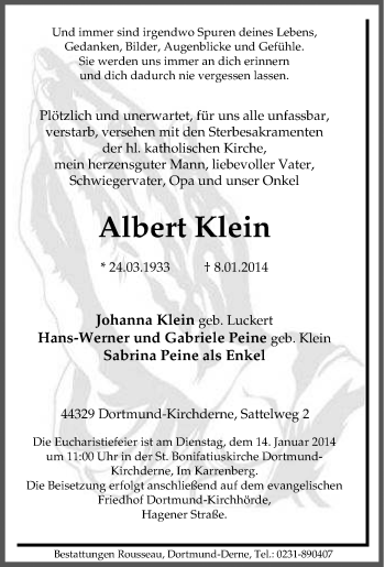 Traueranzeige von Albert Klein von Tageszeitung