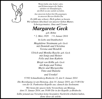 Traueranzeige von Margarete Geck von Tageszeitung