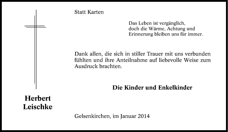  Traueranzeige für Herbert Leischke vom 11.01.2014 aus Tageszeitung