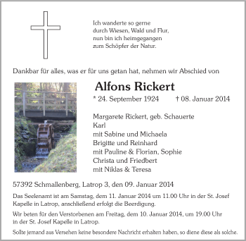Traueranzeige von Alfons Rickert von Tageszeitung