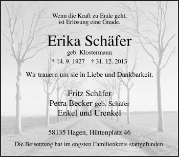 Traueranzeige von Erika Schäfer von Tageszeitung