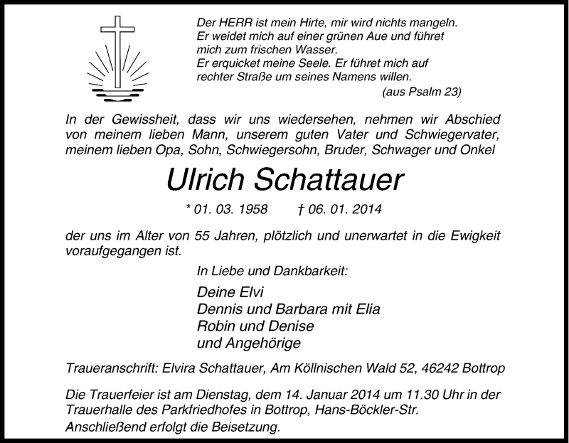  Traueranzeige für Ulrich Schattauer vom 11.01.2014 aus Tageszeitung