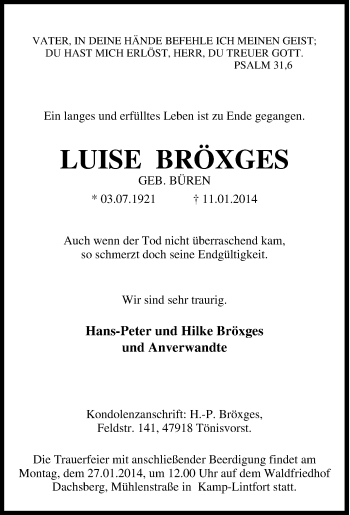Traueranzeige von Luise Bröxges von Tageszeitung
