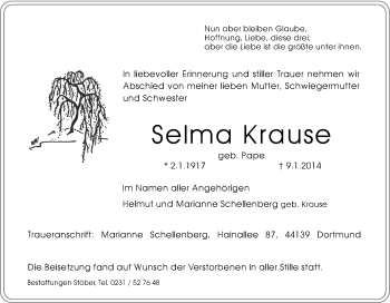 Traueranzeige von Selma Krause von Tageszeitung