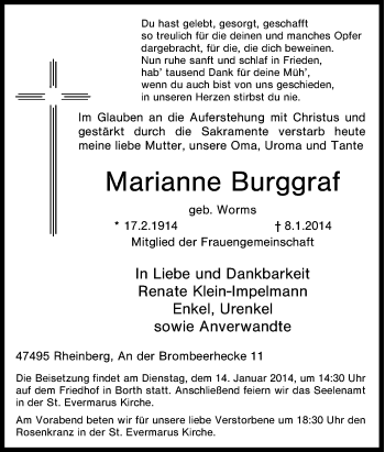 Traueranzeige von Marianne Burggraf von Tageszeitung