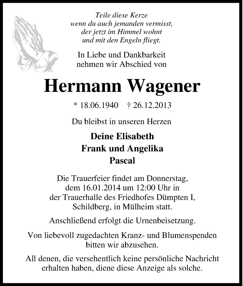 Traueranzeigen von Hermann Wagener | Trauer-in-NRW.de