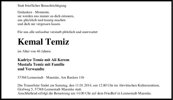 Traueranzeige von Kemal Temiz von Tageszeitung