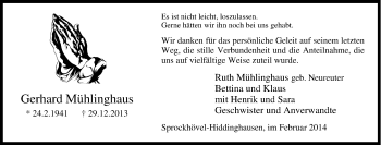 Traueranzeige von Gerhard Mühlinghaus von Tageszeitung