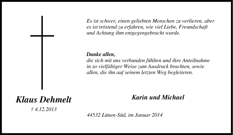  Traueranzeige für Klaus Dehmelt vom 18.01.2014 aus Tageszeitung