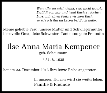 Traueranzeige von Ilse Anna Maria Kempener von Tageszeitung