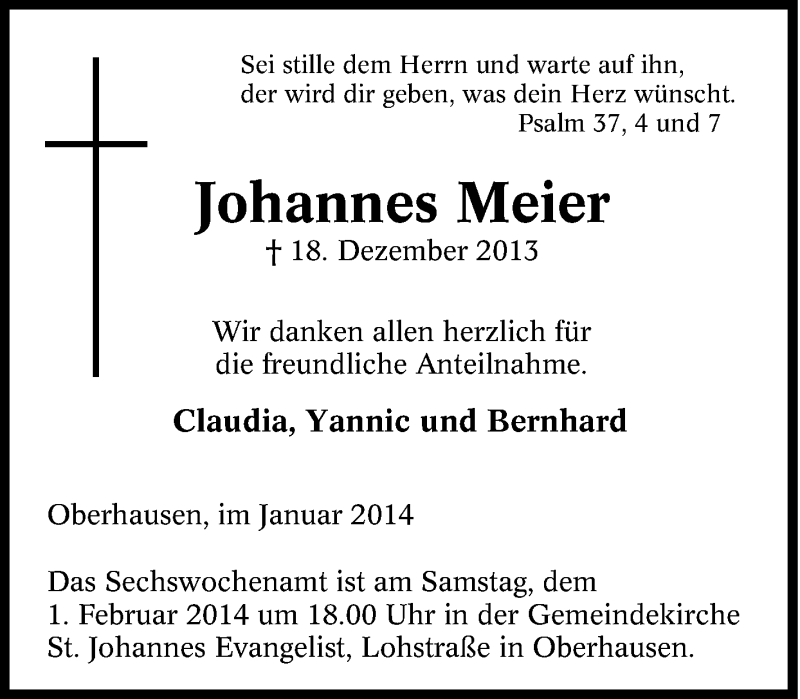  Traueranzeige für Johannes Meier vom 18.01.2014 aus Tageszeitung