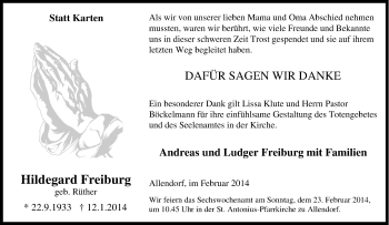Traueranzeige von Hildegard Freiburg von Tageszeitung