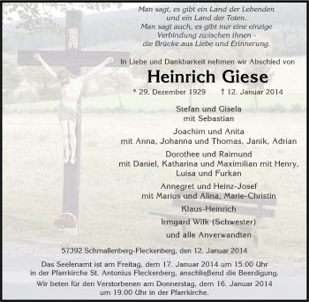 Traueranzeige von Heinrich Giese von Tageszeitung