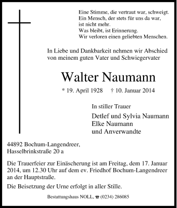 Traueranzeige von Walter Naumann von Tageszeitung