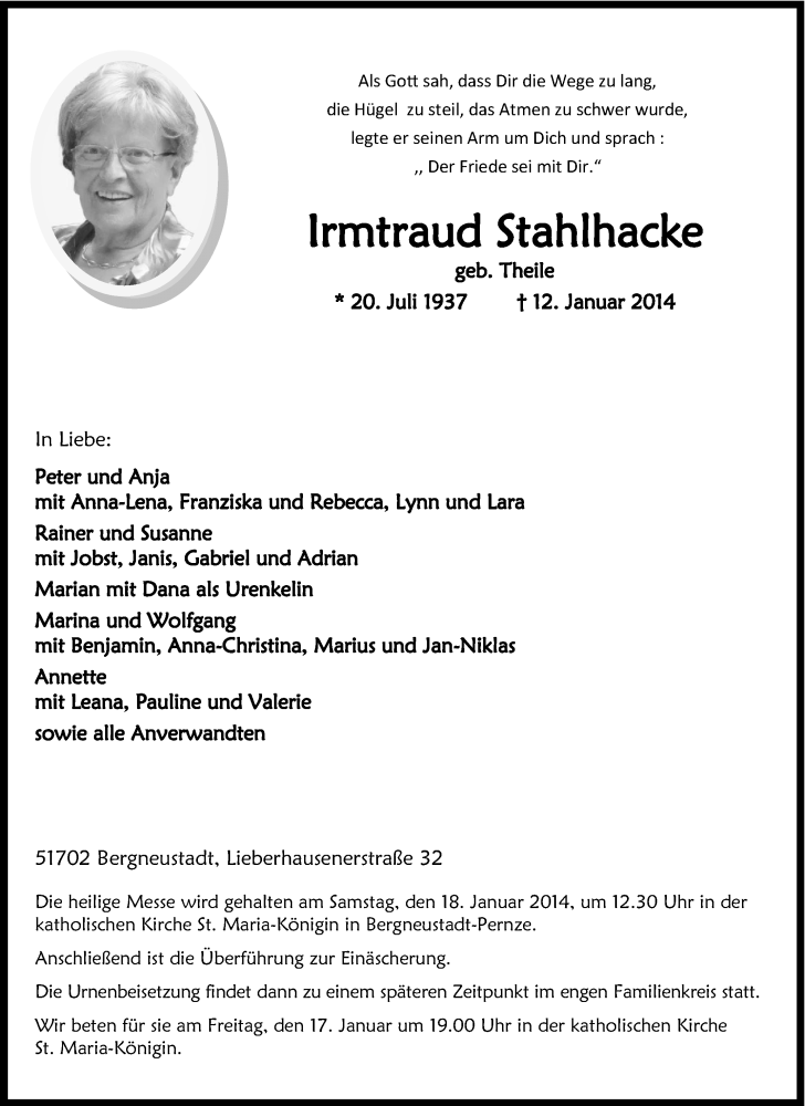 Traueranzeige für Irmtraud Stahlhacke vom 15.01.2014 aus Tageszeitung