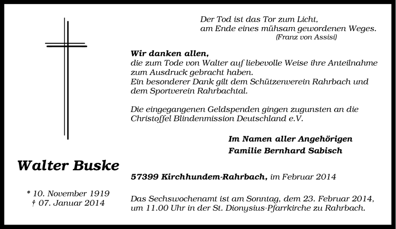  Traueranzeige für Walter Buske vom 15.01.2014 aus Tageszeitung