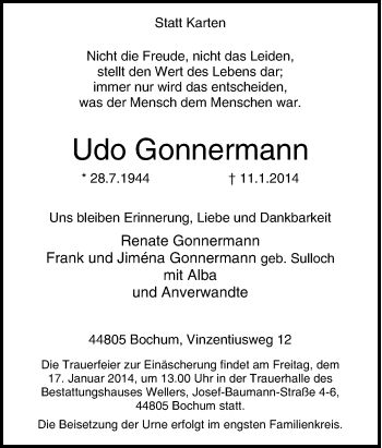 Traueranzeige von Udo Gonnermann von Tageszeitung