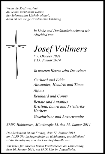 Traueranzeige von Josef Vollmers von Tageszeitung
