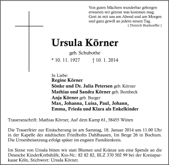 Traueranzeige von Ursula Körner von Tageszeitung
