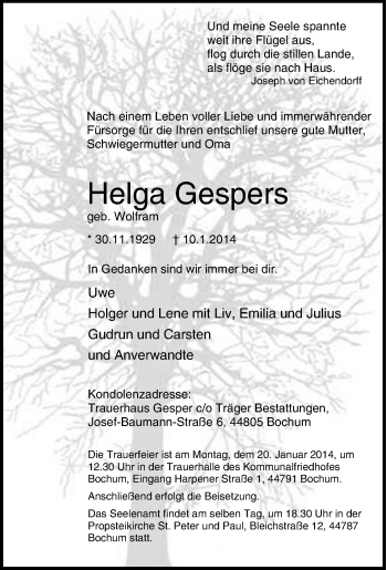 Traueranzeige von Helga Gespers von Tageszeitung
