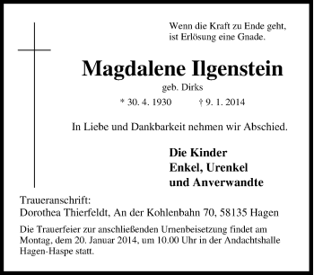 Traueranzeige von Magdalene Ilgenstein von Tageszeitung