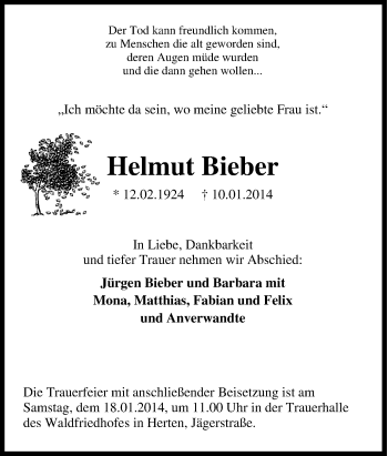 Traueranzeige von Helmut Bieber von Tageszeitung